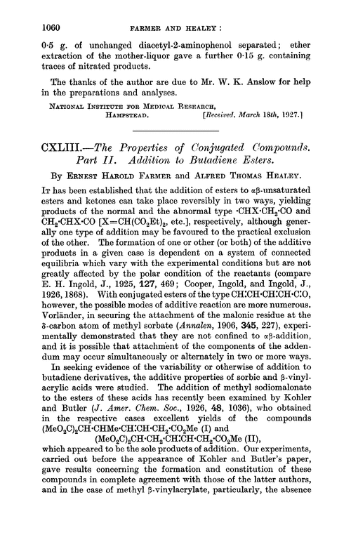 CXLIII.—The properties of conjugated compounds. Part II. Addition to butadiene esters