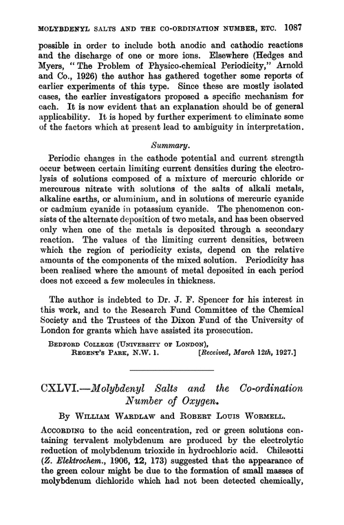 CXLVI.—Molybdenyl salts and the co-ordination number of oxygen