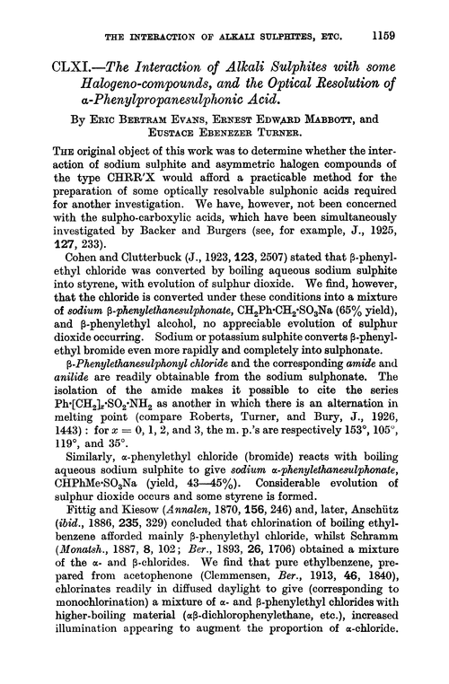 CLXI.—The interaction of alkali sulphites with some halogeno-compounds, and the optical resolution of α-phenylpropanesulphonic acid