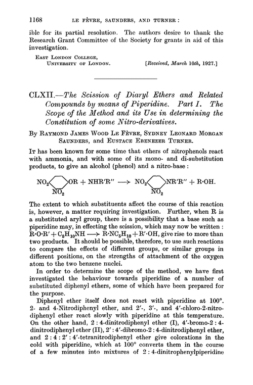 CLXII.—The scission of diaryl ethers and related compounds by means of piperidine. Part I. The scope of the method and its use in determining the constitution of some nitro-derivatives