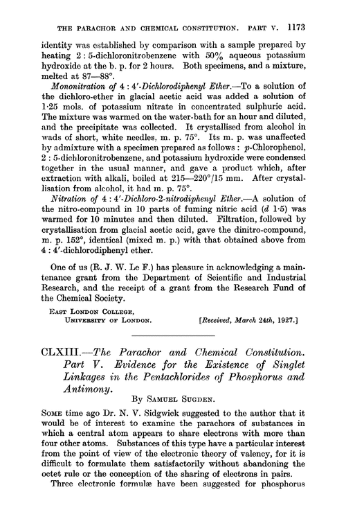 CLXIII.—The parachor and chemical constitution. Part V. Evidence for the existence of singlet linkages in the pentachlorides of phosphorus and antimony