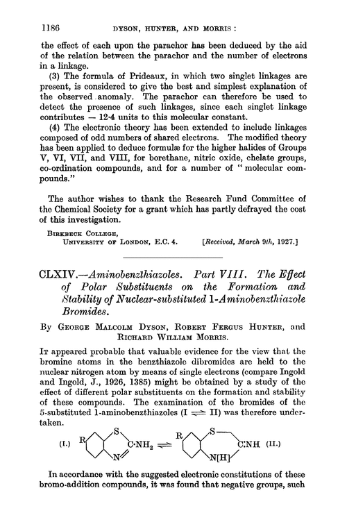 CLXIV.—Aminobenzthiazoles. Part VIII. The effect of polar substituents on the formation and stability of nuclear-substituted 1-aminobenzthiazole bromides