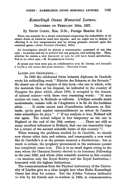 Kamerlingh Onnes memorial lecture