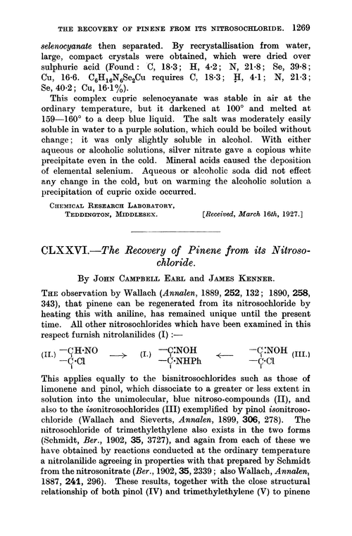 CLXXVI.—The recovery of pinene from its nitrosochloride