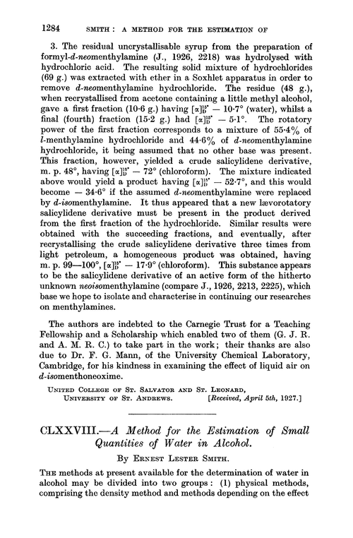 CLXXVIII.—A method for the estimation of small quantities of water in alcohol