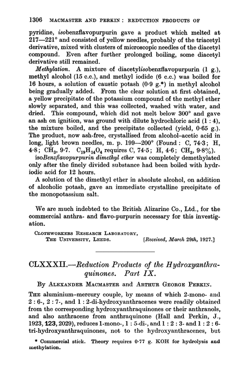 CLXXXII.—Reduction products of the hydroxyanthraquinones. Part IX