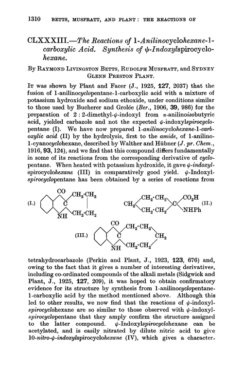 CLXXXIII.—The reactions of 1-anilinocyclohexane-1-carboxylic acid. Synthesis of ψ-indoxylspirocyclo-hexane