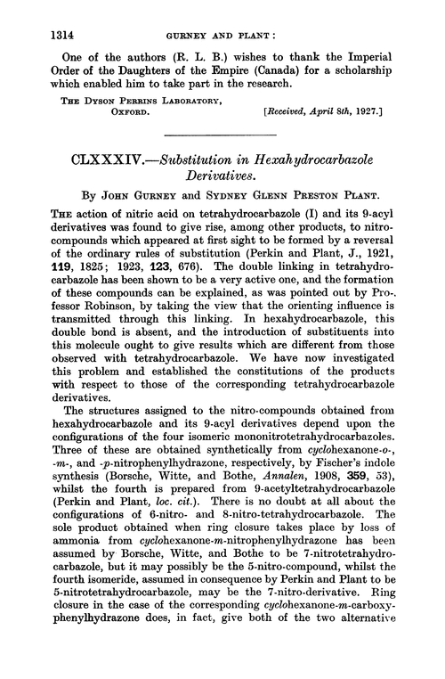 CLXXXIV.—Substitution in hexahydrocarbazole derivatives