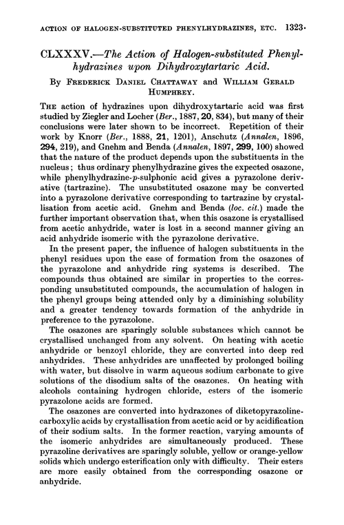 CLXXXV.—The action of halogen-substituted phenylhydrazines upon dihydroxytartaric acid