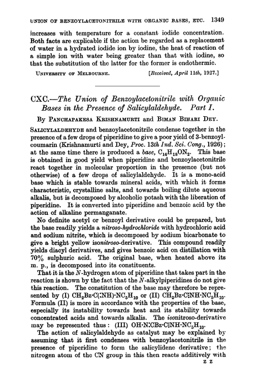 CXC.—The union of benzoylacetonitrile with organic bases in the presence of salicylaldehyde. Part I