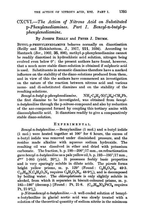 CXCVI.—The action of nitrous acid on substituted p-phenylenediamines. Part I. benzyl-n-butyl-p-phenylenediamine
