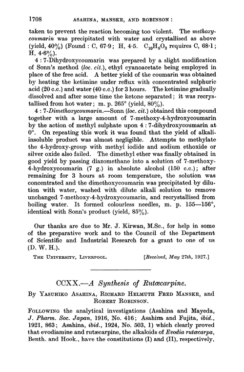 CCXX.—A synthesis of rutæcarpine