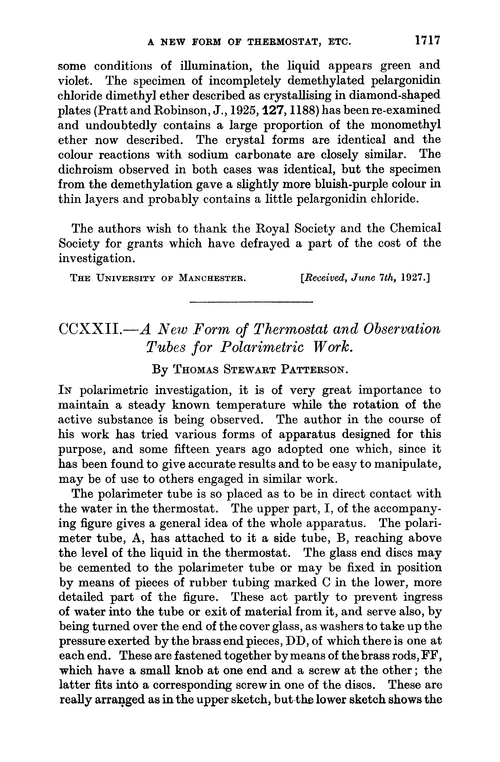 CCXXII.—A new form of thermostat and observation tubes for polarimetric work