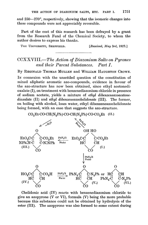 CCXXVIII.—The action of diazonium salts on pyrones and their parent substances. Part I