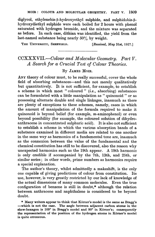 CCXXXVII.—Colour and molecular geometry. Part V. A search for a crucial test of colour theories