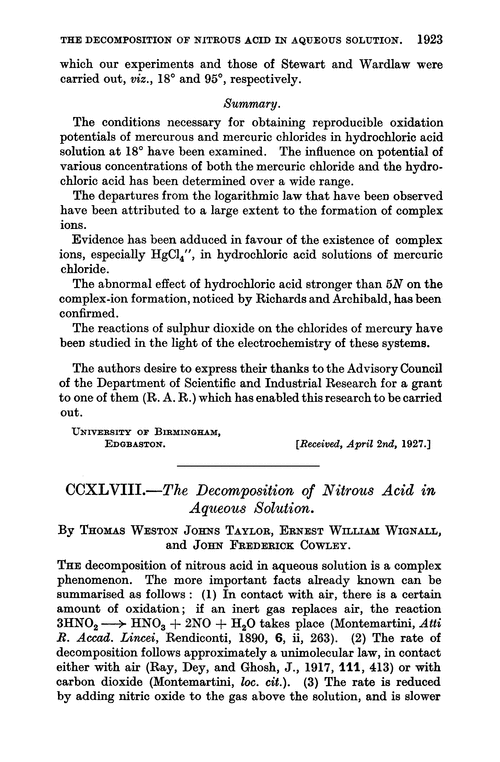 CCXLVIII.—The decomposition of nitrous acid in aqueous solution