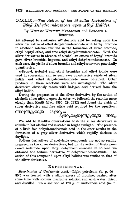 CCXLIX.—The action of the metallic derivatives of ethyl dehydroundecenoate upon alkyl halides