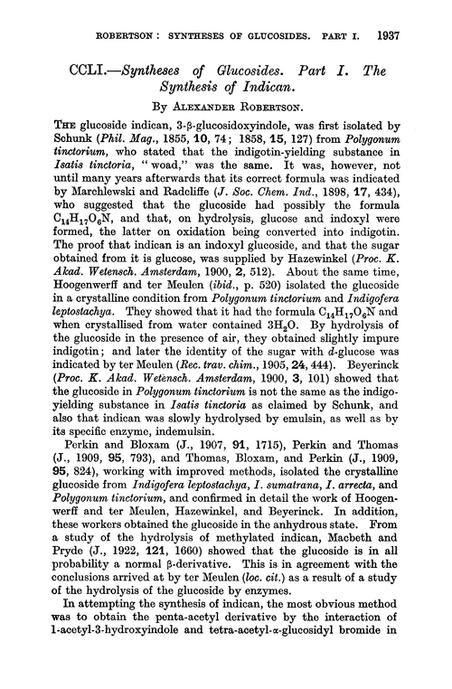 CCLI.—Syntheses of glucosides. Part I. The synthesis of indican