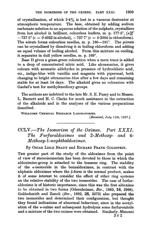 CCLV.—The isomerism of the oximes. Part XXXI. The furfuraldoximes and 2-methoxy- and 4-methoxy-1-naphthaldoximes