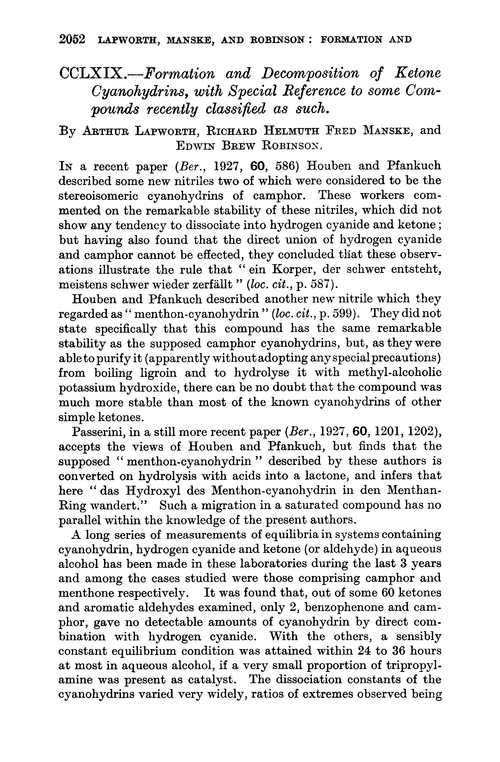 CCLXIX.—Formation and decomposition of ketone cyanohydrins, with special reference to some compounds recently classified as such