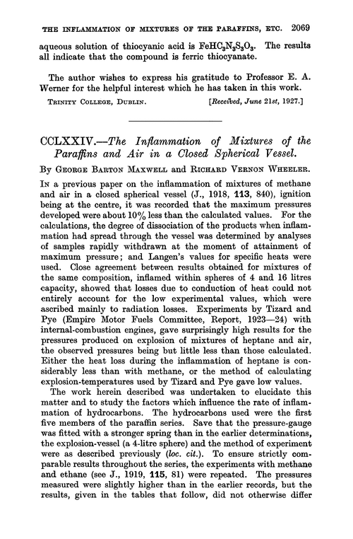 CCLXXIV.—The inflammation of mixtures of the paraffins and air in a closed spherical vessel
