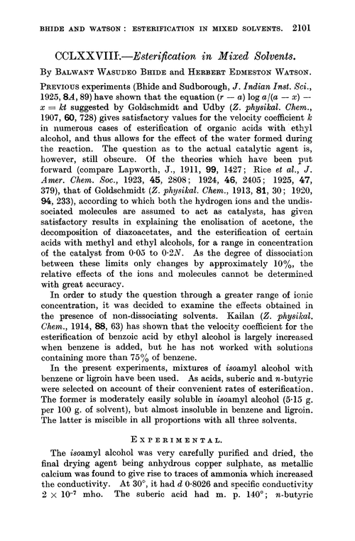 CCLXXVIII.—Esterification in mixed solvents