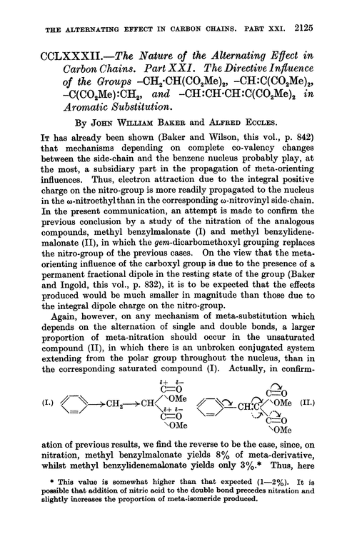 CCLXXXII.—The nature of the alternating effect in carbon chains. Part XXI. The directive influence of the groups –CH2·CH(CO2Me)2, –CH:C(CO2Me)2, –C(CO2Me):CH2, and –CH:CH·CH:C(CO2Me)2 in aromatic substitution