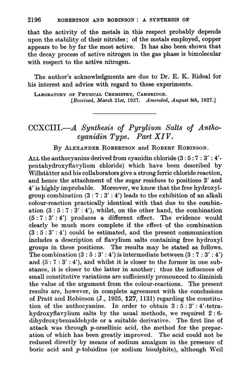 CCXCIII.—A synthesis of pyrylium salts of anthocyanidin type. Part XIV