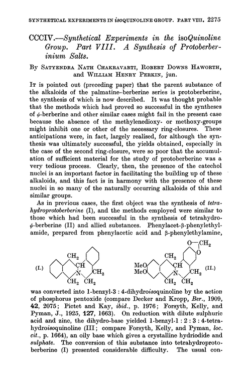 CCCIV.—Synthetical experiments in the isoquinoline group. Part VIII. A synthesis of protoberberinium salts