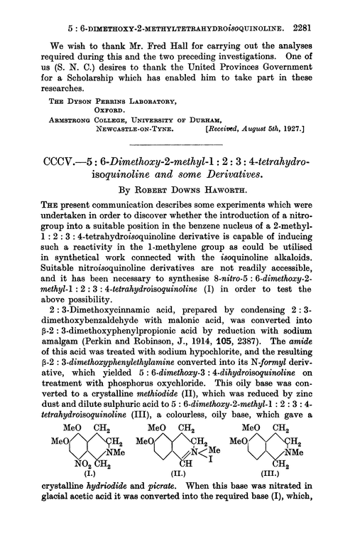 CCCV.—5 : 6-Dimethoxy-2-methyl-1 : 2 : 3 : 4-tetrahydroisoquinoline and some derivatives