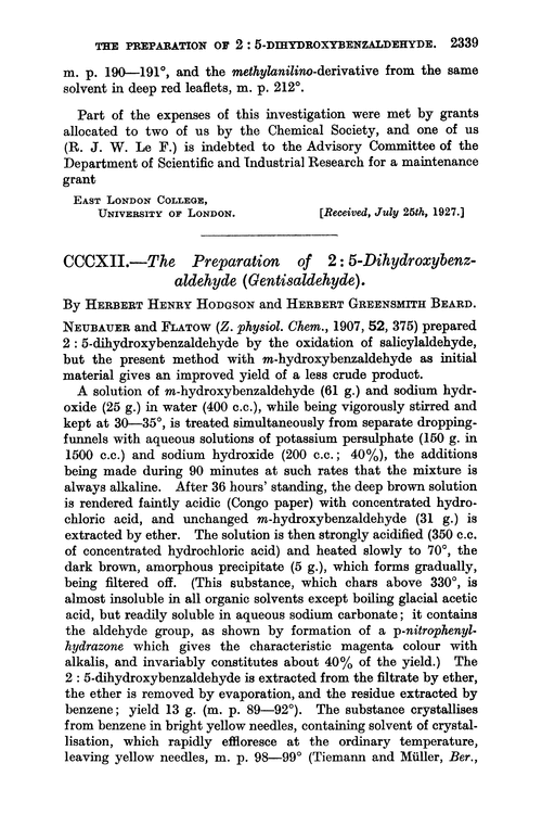 CCCXII.—The preparation of 2 : 5-dihydroxybenzaldehyde (gentisaldehyde)