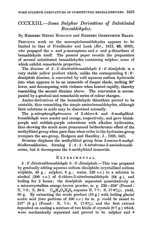 CCCXXIII.—Some sulphur derivatives of substituted benzaldehydes