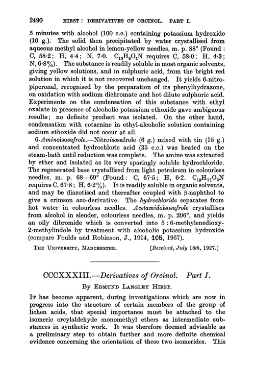 CCCXXXIII.—Derivatives of orcinol. Part I