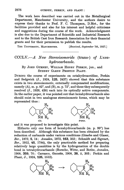 CCCLV.—A new stereoisomeride (trans-) of hexahydrocarbazole