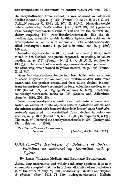 CCCLVI.—The hydrolysis of solutions of sodium palmitate as measured by extraction with p-xylene