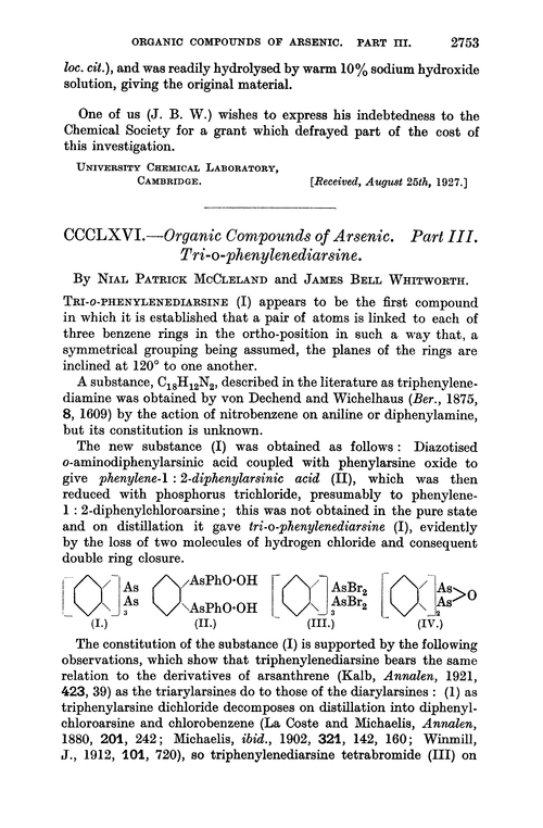 CCCLXVI.—Organic compounds of arsenic. Part III. Tri-o-phenylenediarsine