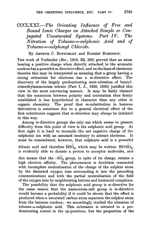 CCCLXXI.—The orienting influence of free and bound ionic charges on attached simple or conjugated unsaturated systems. Part IV. The nitration of toluene-ω-sulphonic acid and of toluene-ω-sulphonyl chloride