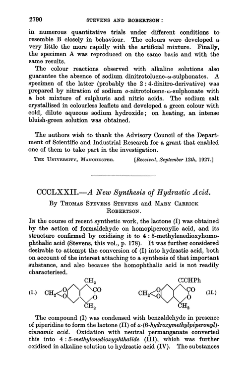 CCCLXXII.—A new synthesis of hydrastic acid