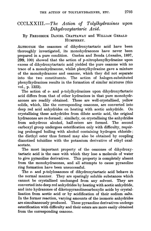 CCCLXXIII.—The action of tolylhydrazines upon dihydroxytartaric acid