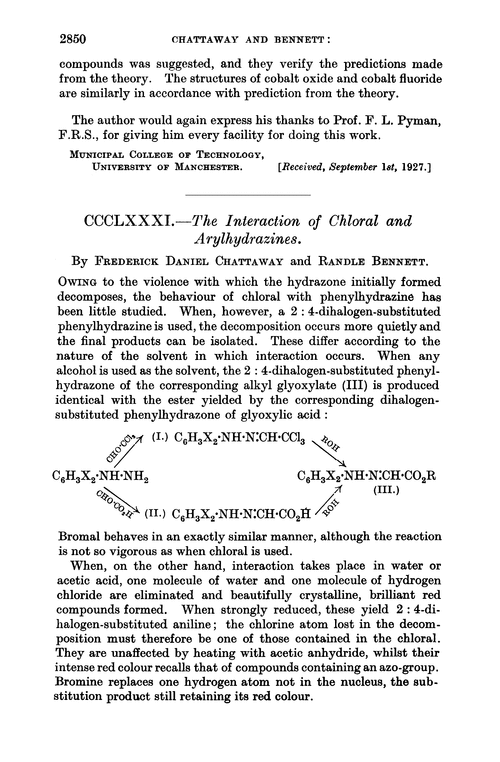 CCCLXXXI.—The interaction of chloral and arylhydrazines