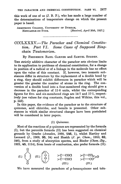 CCCLXXXV.—The parachor and chemical constitution. Part VI. Some cases of supposed ring-chain tautomerism