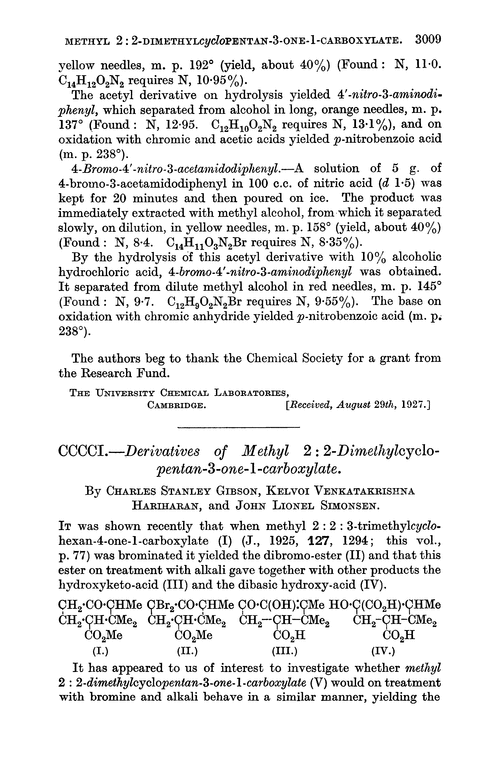 CCCCI.—Derivatives of methyl 2 : 2-dimethylcyclo-pentan-3-one-1-carboxylate