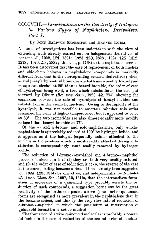 CCCCVIII.—Investigations on the reactivity of halogens in various types of naphthalene derivatives. Part I
