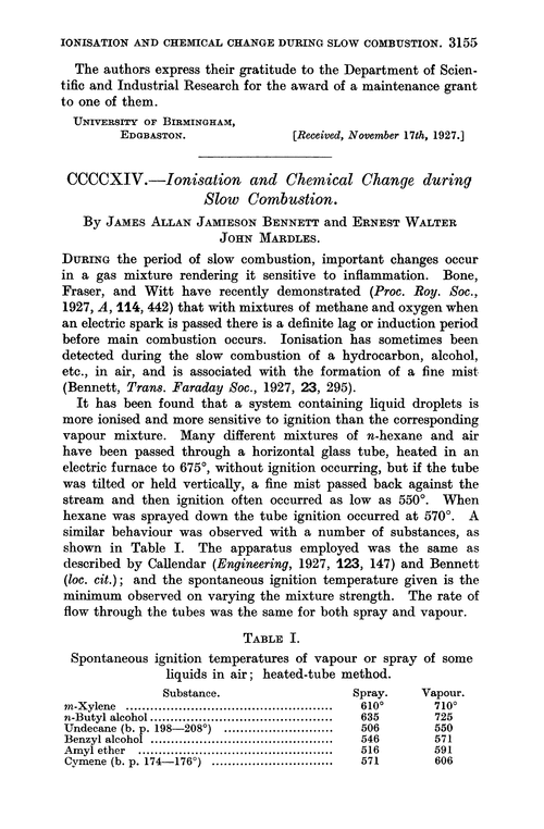 CCCCXIV.—Ionisation and chemical change during slow combustion