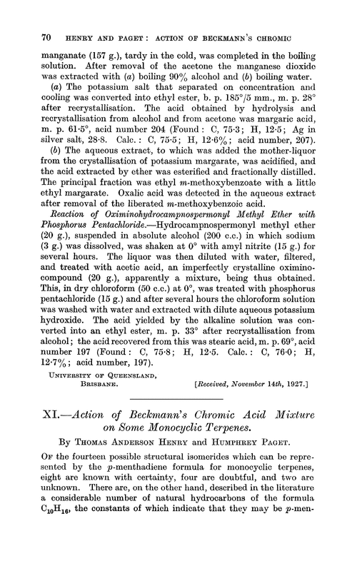 XI.—Action of Beckmann's chromic acid mixture on some monocyclic terpenes