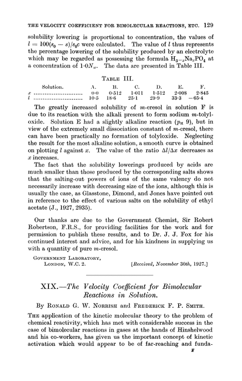 XIX.—The velocity coefficient for bimolecular reactions in solution