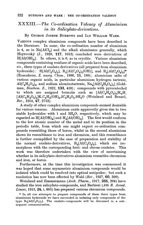 XXXIII.—The co-ordination valency of aluminium in its salicylato-derivatives
