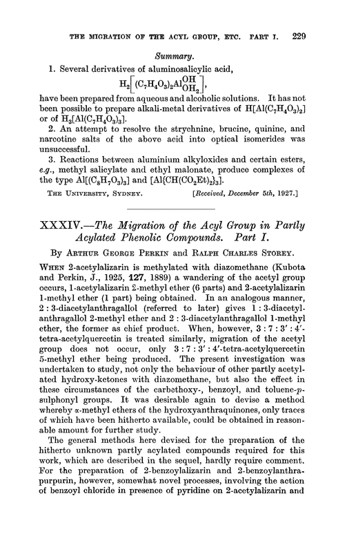 XXXIV.—The migration of the acyl group in partly acylated phenolic compounds. Part I