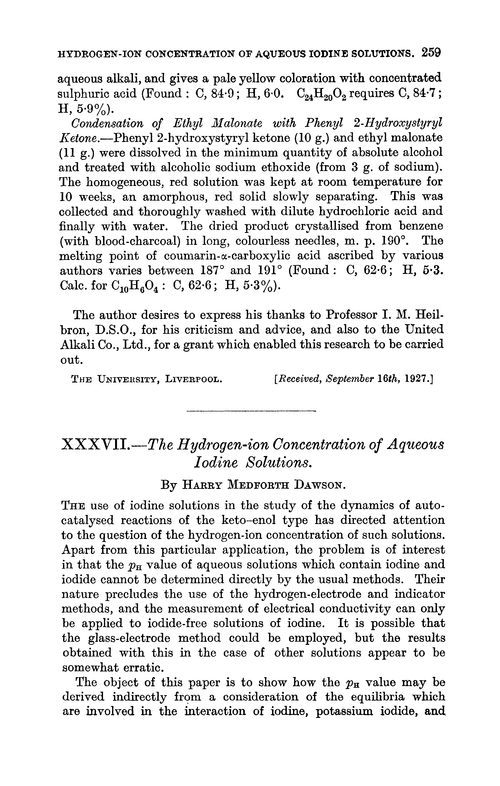 XXXVII.—The hydrogen-ion concentration of aqueous iodine solutions