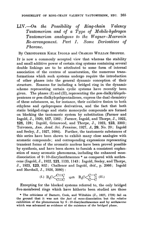 LIV.—On the possibility of ring-chain valency tautomerism and of a type of mobile-hydrogen tautomerism analogous to the Wagner–Meerwein re-arrangement. Part I. Some derivatives of phorone